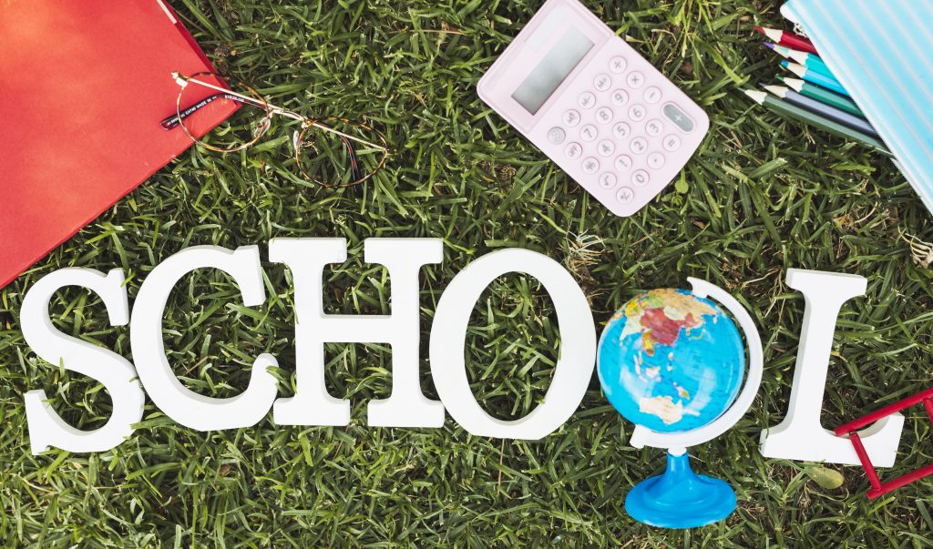 word school with globe stationery grass